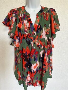 Daznico Abstract Floral Print Flutter Sleeve Top - Green, Red, Pink Size Small